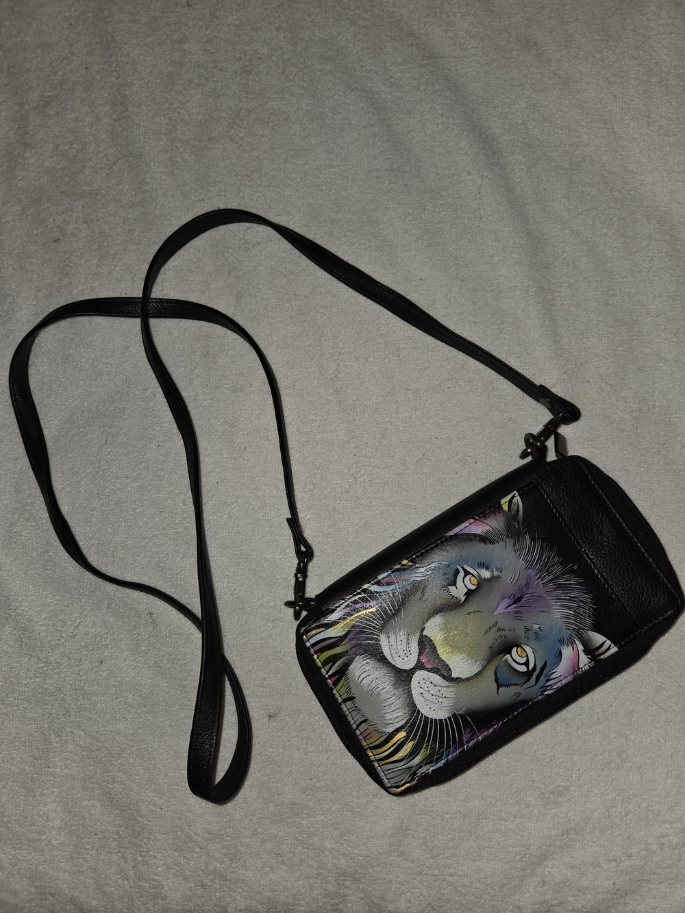 Anna by Anuschka Hand Painted Leather Lion Crossbody Phone Wallet Organizer